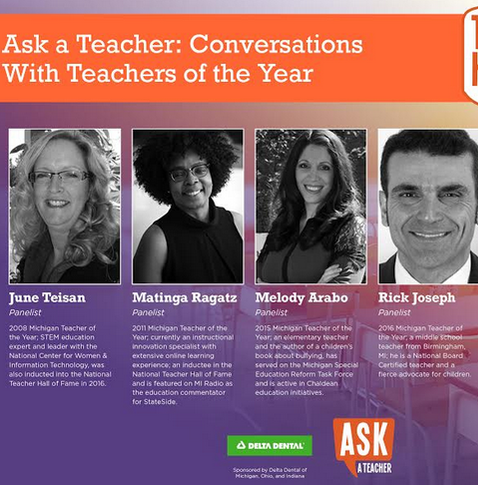 Please join these Michigan Teachers of the Year
<a href="/jlteisan/">Dr. June Teisan</a> <a href="/matinga/">matinga</a> <a href="/MelodyArabo/">Melody Arabo</a> &amp; me 9/2 7pm
 for a conversation about the new school year
<a href="/NetMtoy/">MtoyNet</a> #TeachersLeading <a href="/MR_ABUD/">Gary G. Abud, Jr.</a> <a href="/DeltaDentalMI/">Delta Dental of Michigan</a> <a href="/blocht574/">Todd Bloch</a> <a href="/nancyflanagan/">Nancy Flanagan</a> @pamlpugh <a href="/mieducation/">Michigan Dept of Ed</a> @WonderTeach <a href="/2019MTOY/">Laura Chang, PhD</a> <a href="/MINBCTNetwork/">MI NBCT Network</a>
