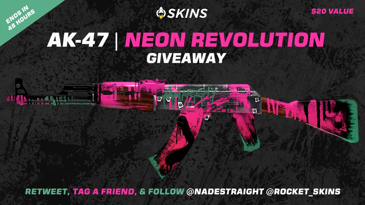 Nadeaways's tweet photo. AK-47 NEON REVOLUTION GIVEAWAY! ($20) 

To enter:
🟢 Retweet/ Like This Tweet
🟢 Tag a friend in the comments
🟢 Follow @Nadestraight and @Rocket_Skins 

Bonus entry for Subscribing to: https://t.co/ealjMAIDTr 

Ends in 48 Hours! #CSGO #csgoskins #csgogiveaway #csgoskin #giveaway https://t.co/sYuOQzJhmw