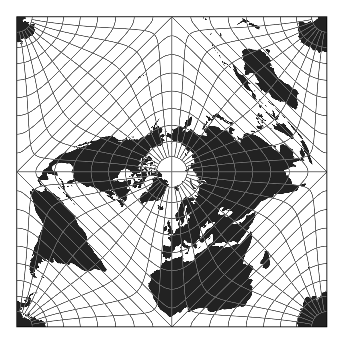 petroffm's tweet photo. Not getting out much these past few months, I came up with a new square equal-area map projection as a side project. It has closed-form forward and inverse solutions, has relatively low angular distortion, and has only tiny cusps. https://t.co/yPnIjVmh6E 1/2 https://t.co/gQRk9j6vyN