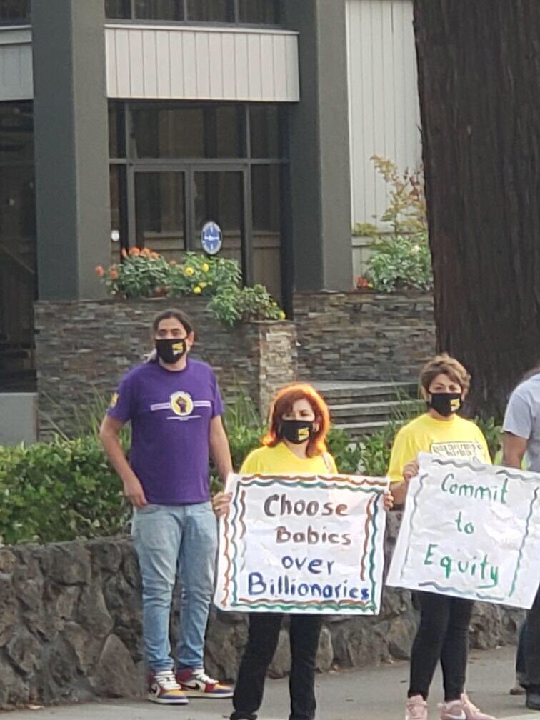 SEIU521's tweet photo. #CommitToEquity socially distant rally in front of @AsmMarcBerman’s office in Los Altos urging him to #TaxCABillionaires https://t.co/EpfPxld8aU