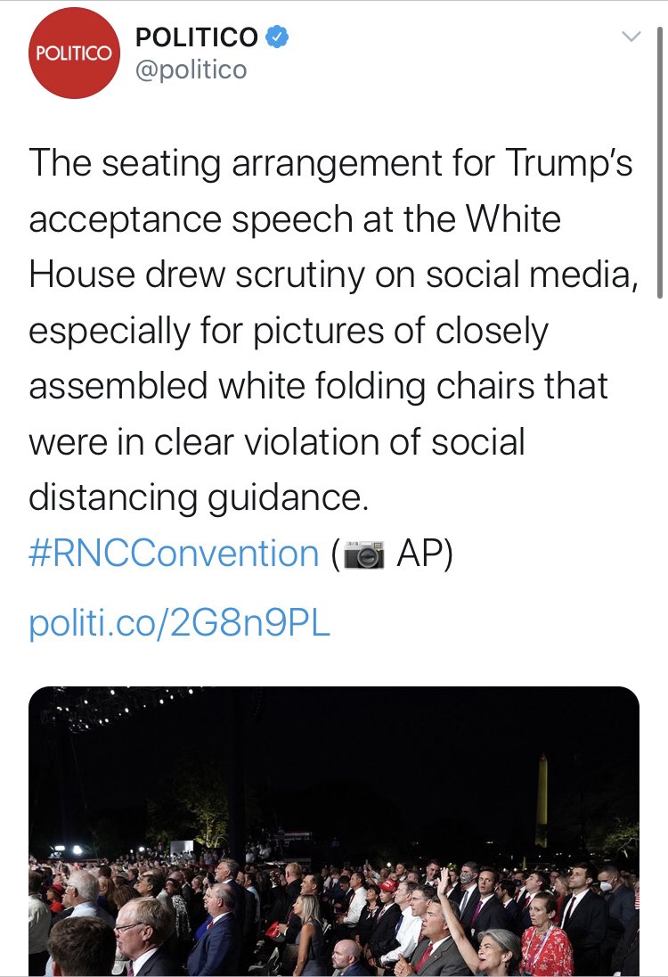 THREADThe level of concern the media had for social distancing during the RNC at the White House vs. this weekend’s protests is...something. @politico found the RNC seating problematic enough to cover, but crickets about 50k people gathering in the midst of a pandemic.