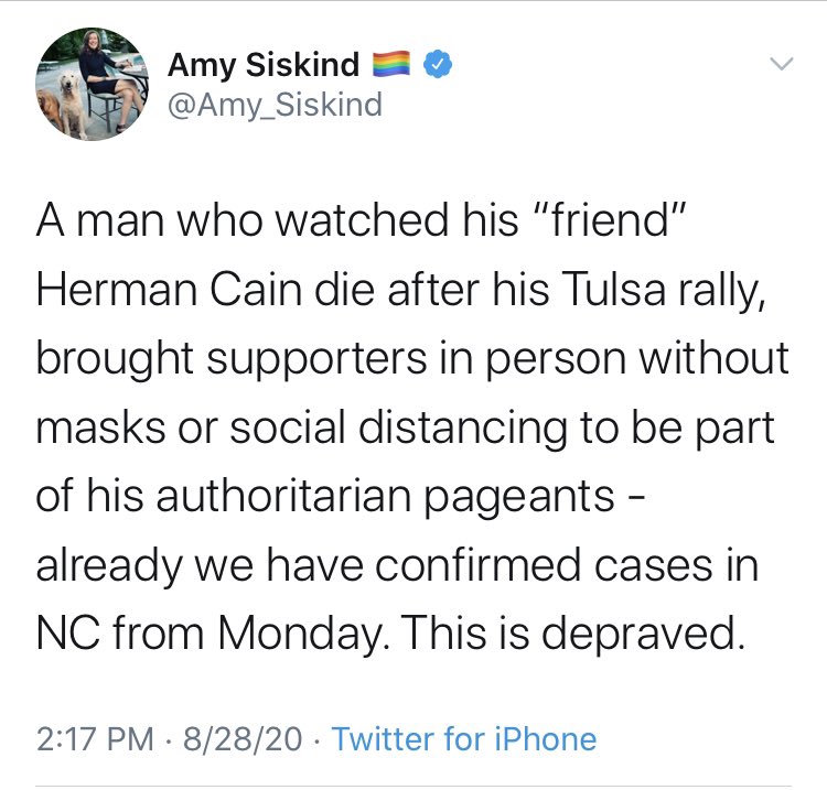 There were the usual suspects of galaxy brain blue checks who feigned outrage for one and ignored the other. I’m coming to rely on  @Amy_Siskind for a spot on these threads, here encouraging more protesting across the country amid a global pandemic.