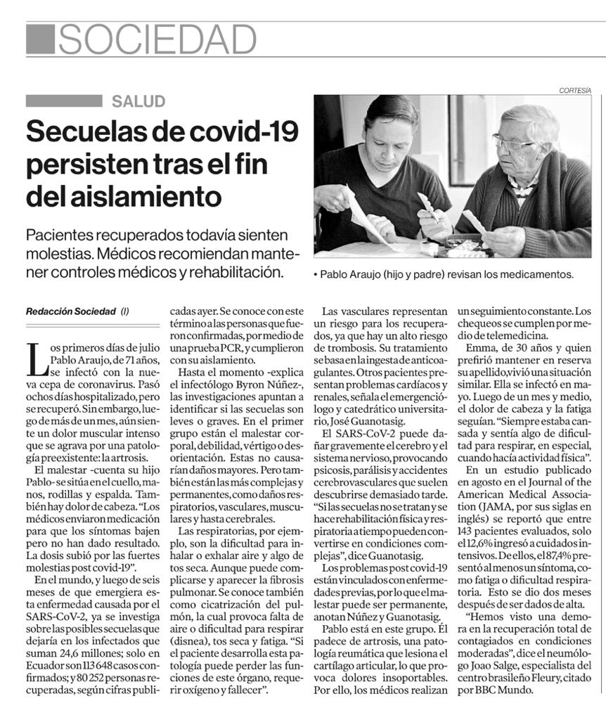paulinaaraujog's tweet photo. Las secuelas que tiene los pacientes de Covid-19 (aún los que superan el virus) no son sencillas, requieren muchos cuidados, incluso regresar al hospital por dolores fuertes. Debemos cuidarnos, cuidar a los nuestros. Gracias @elcomerciocom por esta nota. https://t.co/3ONkbf7NjI