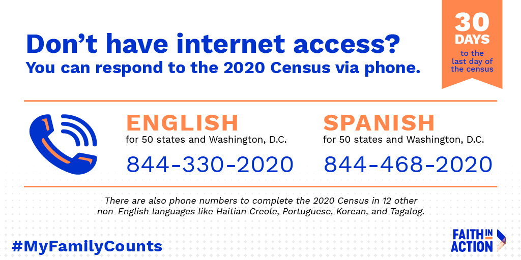 There are 30 DAYS until the last day to fill out the #census!!

Don't have internet access? You can respond to the #2020Census via phone! Call 844-330-2020 for English and 844-468-2020 for Spanish. Get counted today. #CensusCounts #MyFamilyCounts