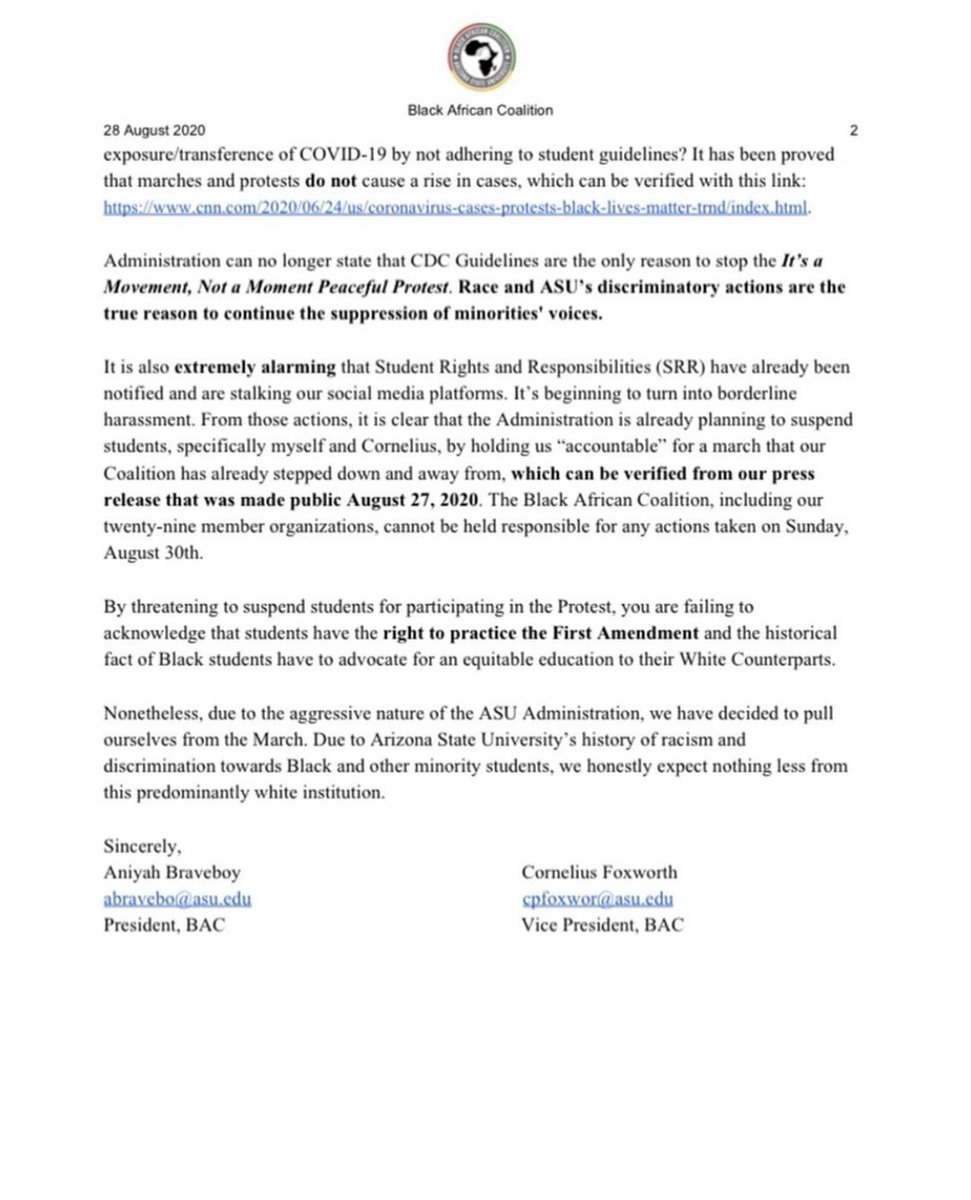 BAC’s Letter to ASU Administration