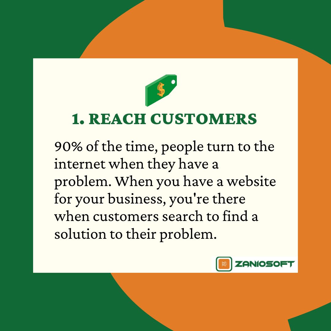 1. REACH CUSTOMERS.90% of the time, people turn to the internet when they have a problem. When you have a website for your business, you're there when customers search to find a solution to their problem.