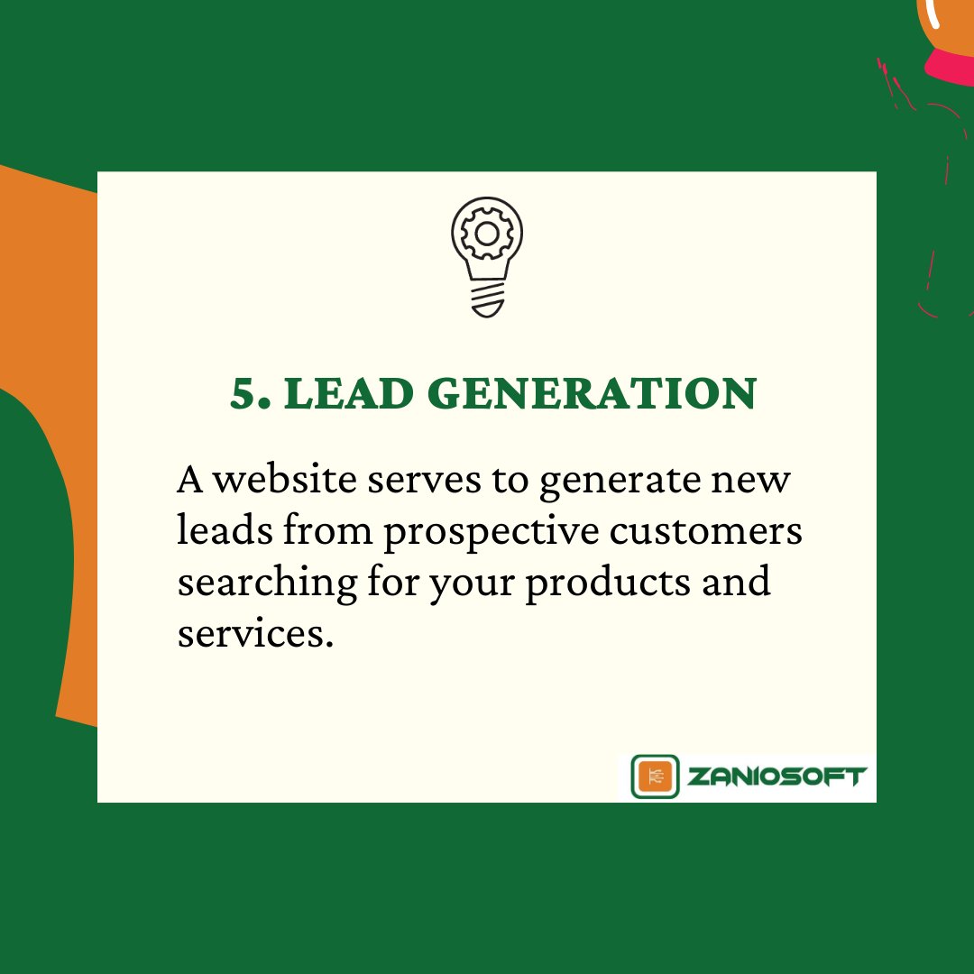 5. LEADS GENERATION.A website serves to generate new leads from prospective customers searching for your products and services.