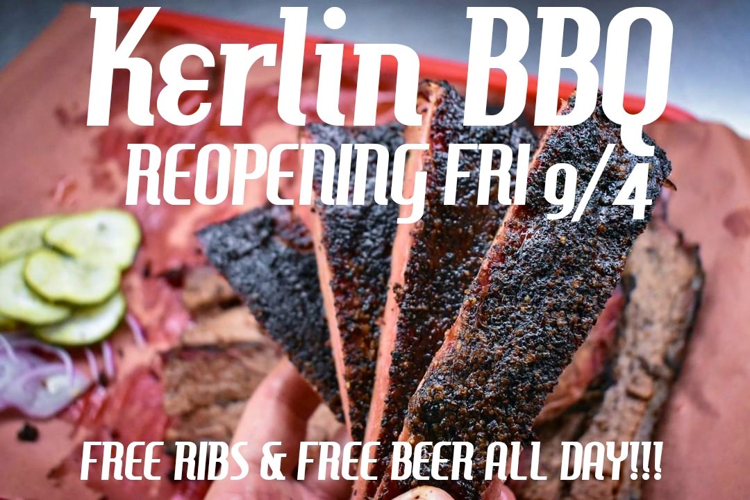 KerlinBBQ's tweet photo. We're reopening this Friday y'all! And since it's also our 7 year anniversary... We've partnered with @kingsford to give away our famous ribs for free all day. Plus @saintarnoldbrewing will be there pouring free beer! 11am-4pm or sold out. https://t.co/FUoB9IKI1w