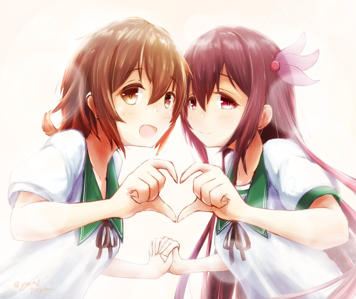 kisaragi (kancolle) ,mutsuki (kancolle) multiple girls heart hands duo 2girls heart hands brown hair long hair short hair  illustration images