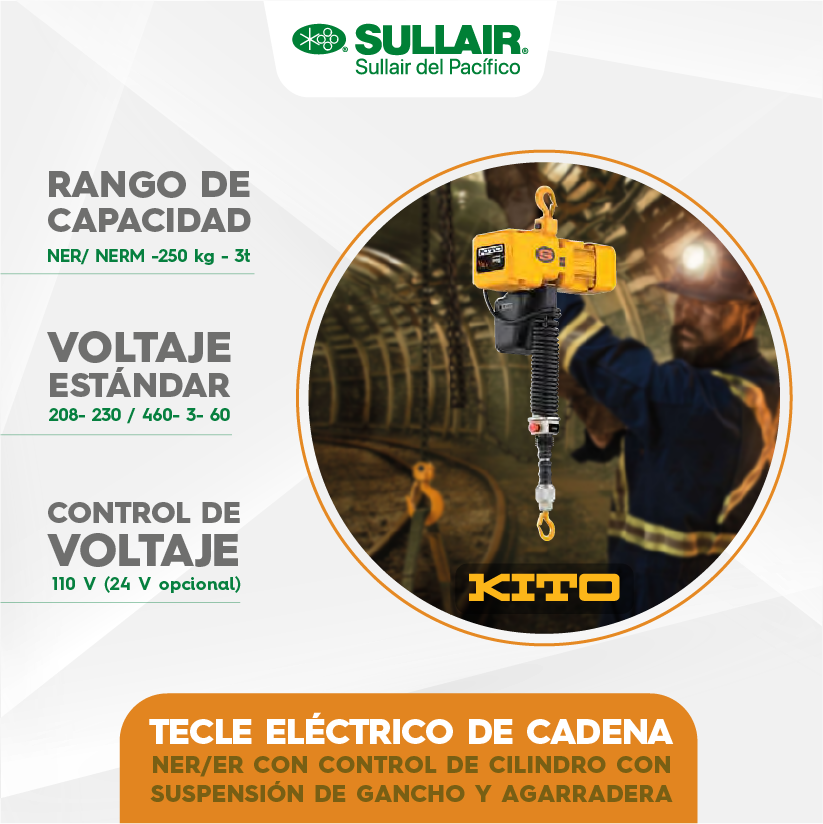 SullairPeru's tweet photo. ¡Conoce más sobre nuestro tecle eléctrico de cadena Kito! 🤩

🔸Rango de capacidad: NER/ NERM -250 kg - 3t
🔸Voltaje estándar: 208- 230 / 460- 3- 60 
🔸Control de voltaje: 110 V (24 V opcional)

Pregúntanos por nuestros precios especiales 👀

#kito #tecles #preciosespeciales https://t.co/CiZhotvZRn