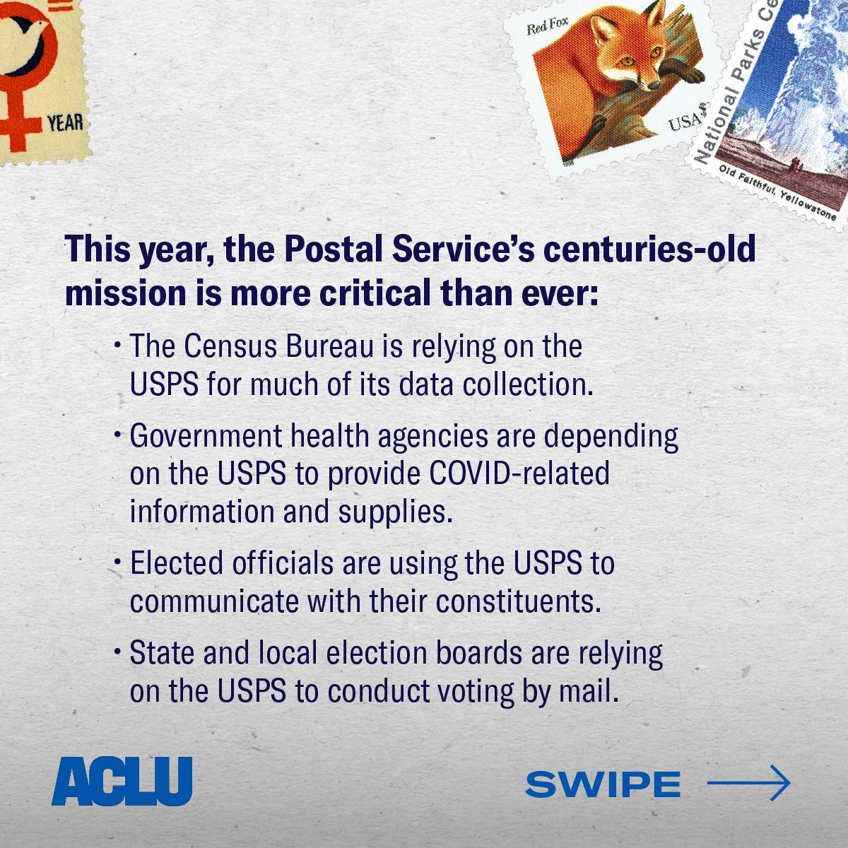 The USPS is critical every year — and this year we need it to provide COVID-19 information and supplies, deliver medication and unemployment benefits, and ensure that we can all vote by mail.