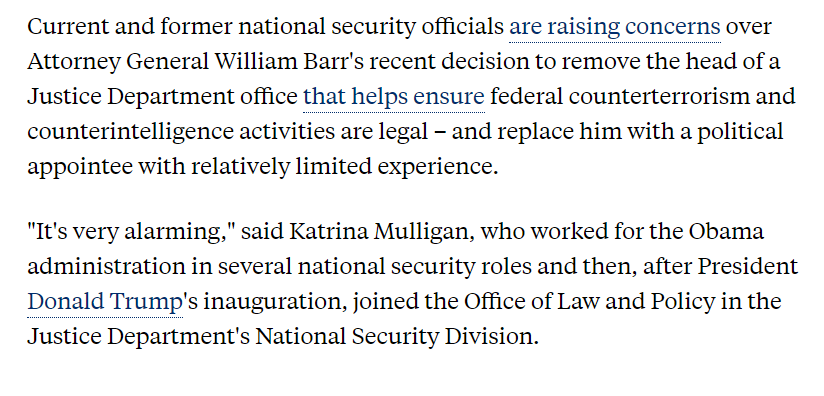 Deputy Assistant Attorney General Brad Wiegmann had headed the Office of Law and Policy in the Justice Department's National Security Division for almost a decade. After Trump was elected, he took Obama NSA officials like Katrina Mulligan onto his team.  #VivaLaResistance?
