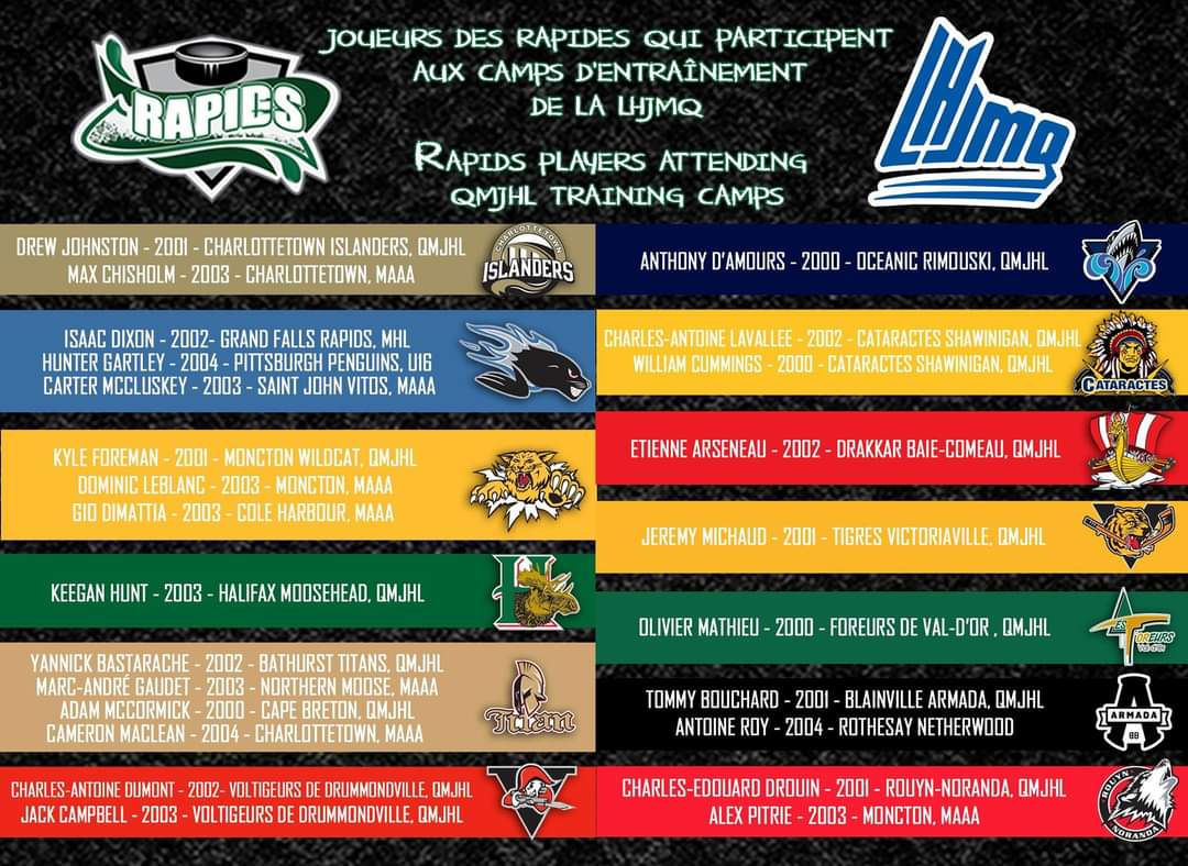GFRapidshockey's tweet photo. 🏒 Bon succès aux joueurs des Rapides qui ont été invités aux camps d'entraînement de la @LHJMQ! / 🏒 Best wishes to the Rapids' players who are participating in the QMJHL training camps! https://t.co/fdzlbkQR1h
