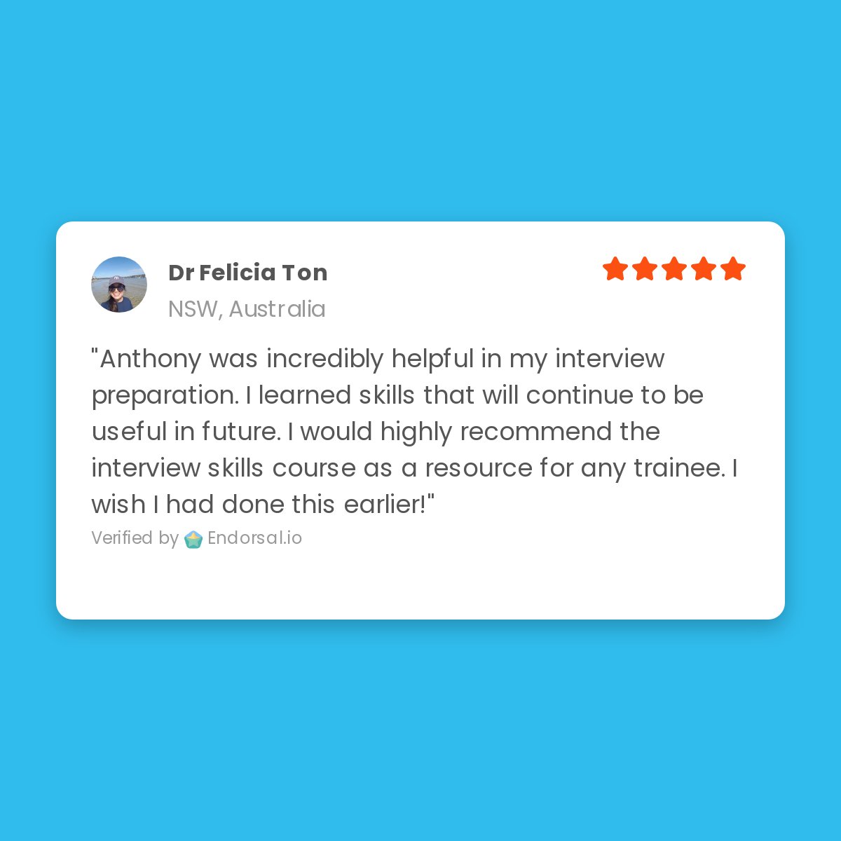 It makes my day when I get reviews like this from Dr Felicia Ton. If you would like to discuss how I can help your medical career let me know link.advancemed.com.au/help.