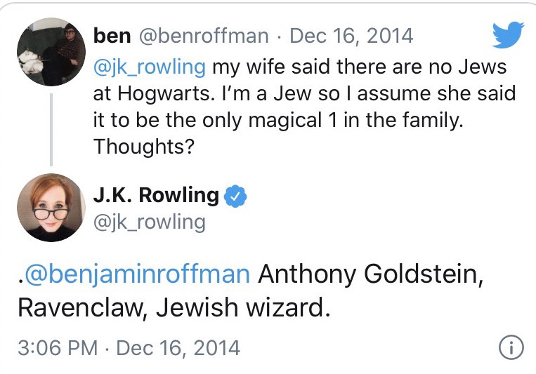 j.k rowling has a long history falling upon stereotypes when it comes to minorities. this screenshot, where she’s asked about the idea of jewish wizards she gives us one of the most stereotypical names i’ve ever seen