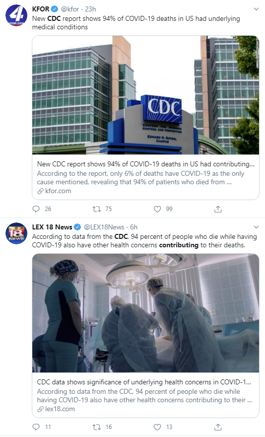 Local news stations are claiming 94% of COVID deaths had "contributing conditions."If that's true, then:* 98% of COVID deaths are still breathing (no respiratory arrest)* 87% still have a beating heart (no cardiac arrest).See my thread above for why this is all wrong.