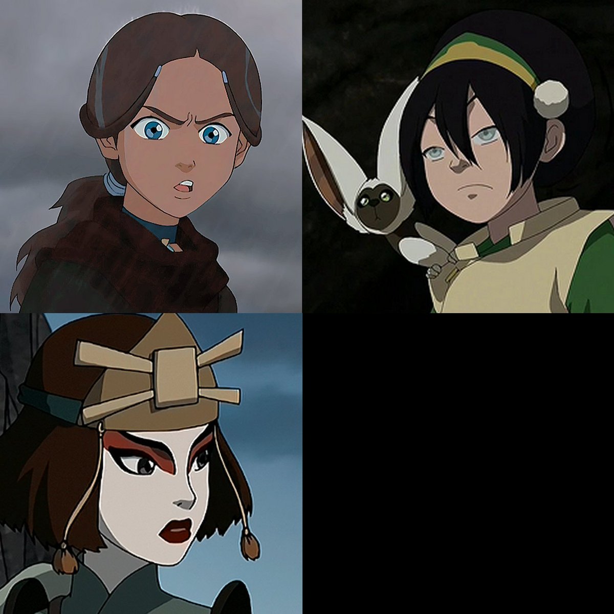 katara toph and suki vs. azula mai and ty lee