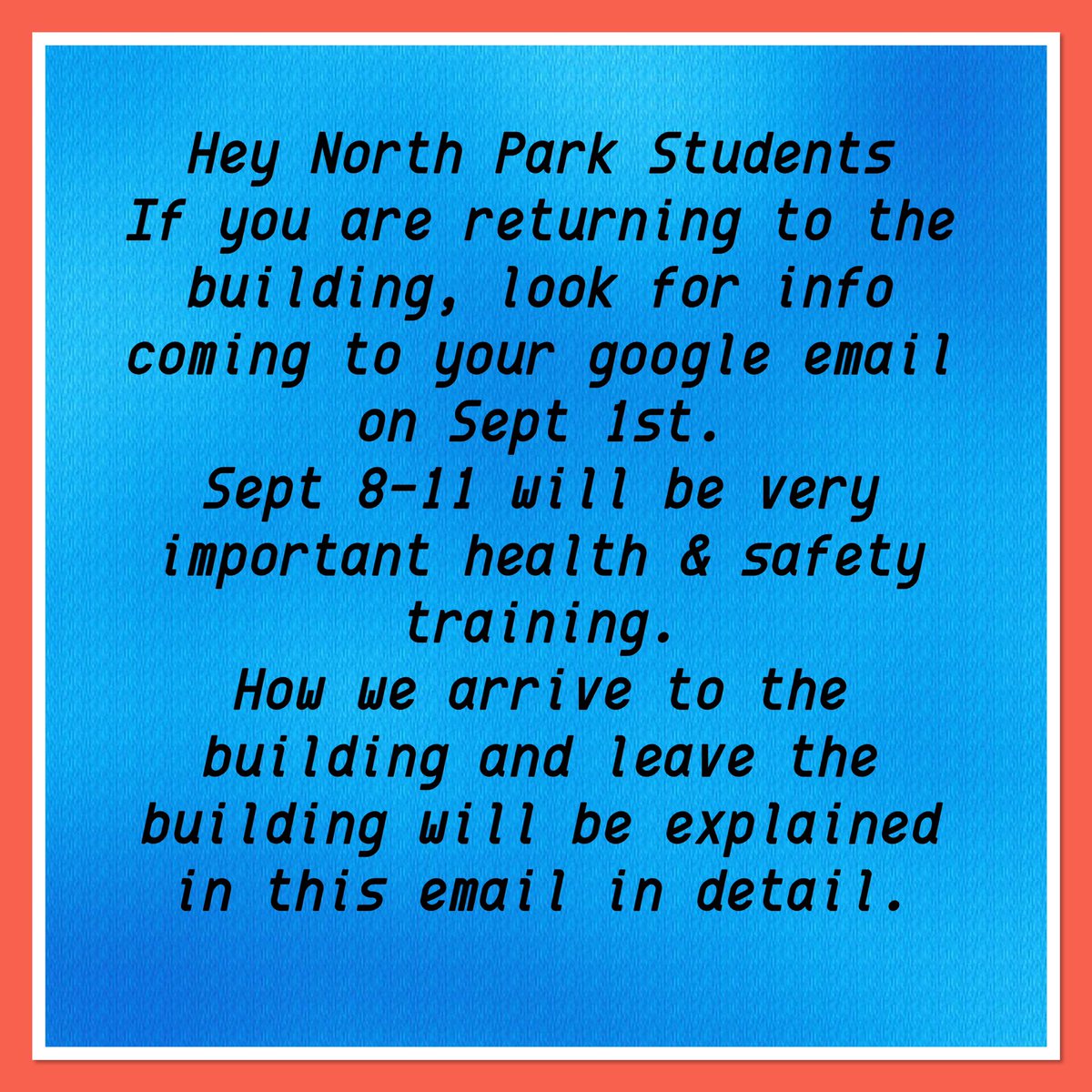Hey North Park students. Info about school re-opening coming to you tomorrow in your google email. 👍 <a href="/PeelSchools/">Peel District School Board</a>