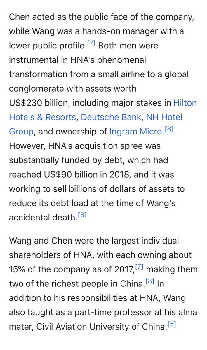 133/ WANG JlAN died 2018Ch!nese AirIine Magnate (think 7 out of 10?)Died in a mysterious fall at age 56 in 2018, some have suggested the €_€_P murdered himAlso had major stakes in Hilton & Deutsch BankHis airline is now about to go broke (Feb 2020)