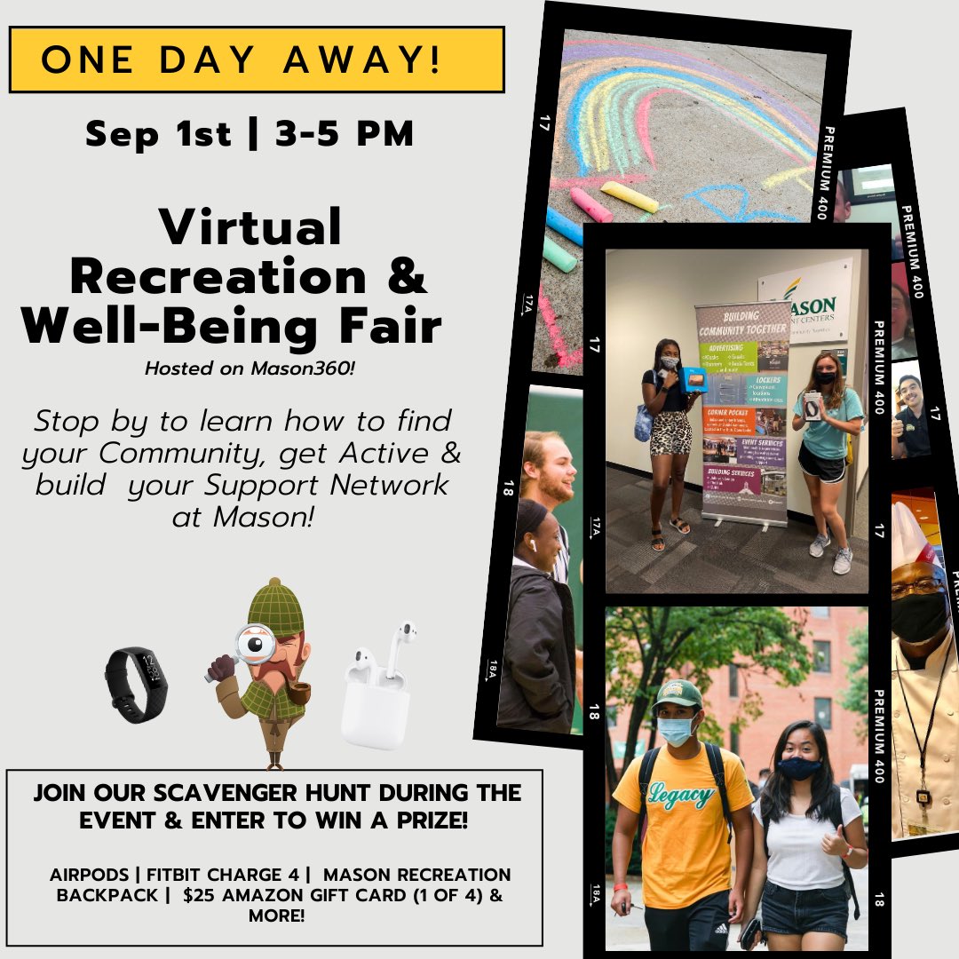 Tomorrow is the Virtual Recreation &amp; Well-Being Fair! Stop by to find out how to find your community, stay active, &amp; build your support network at Mason!