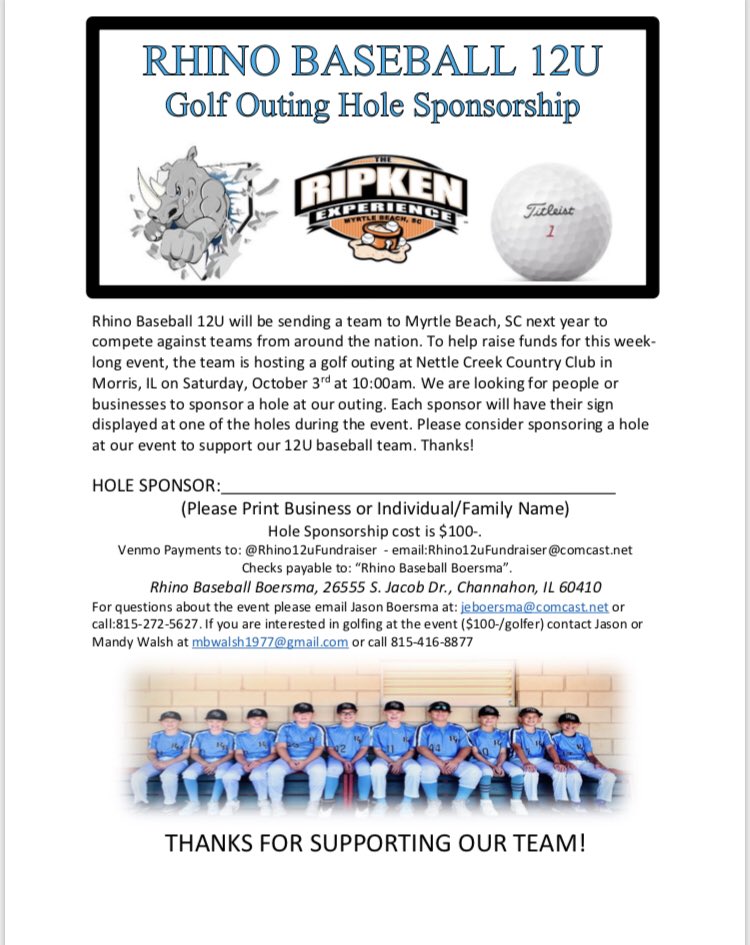 Golf anyone? Please consider supporting Rhino 12u at their Golf Outing on 10/3 at Nettle Creek in Morris, IL. Thanks! @RhinoBaseball