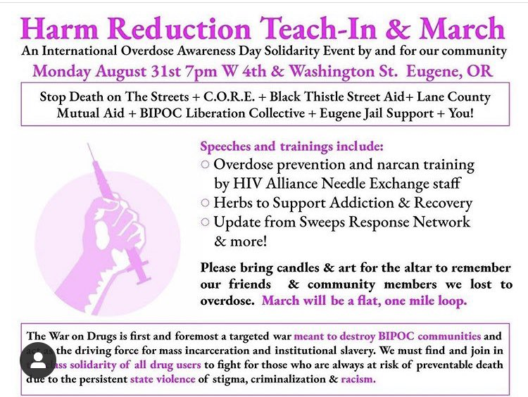 Hi folx,I'll be checking out this Harm Reduction Teach-In and March for the  @DailyEmerald from Washington-Jefferson Park in  #EugeneOregon starting at 7 p.m.