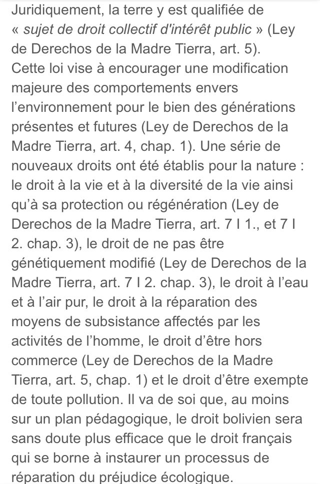 La Constitution équatorienne du 25 juillet 2008 déclare elle aussi expressément la nature, Pacha Mama, sujet de droit, mais il s’agit d’une simple déclaration qui concerne les animaux, à la différence du droit bolivien qui prévoit un régime juridique pour la nature :