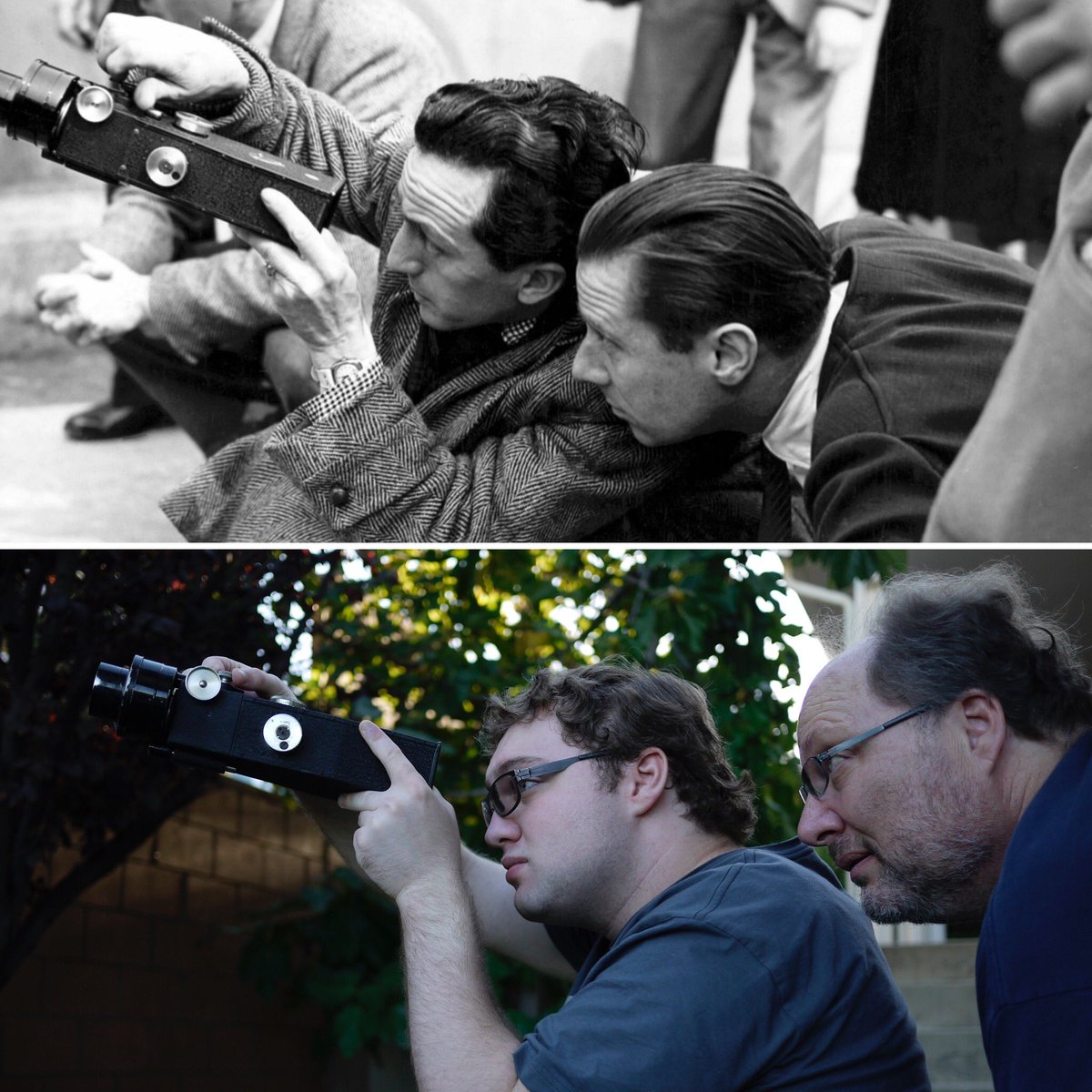 RandyShanofsky's tweet photo. Here’s #CarolReed and #RobertKrasker lining up a shot for the movie #OddManOut, and here we are, 73 years later, with the same #MitchellBNC side finder, for our movie “Odd Man In” 😄 https://t.co/lVNrJXTsQn
