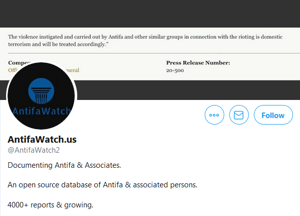 2.@/AntifaWatch2 ID: 1267973798625775616* Offers reward for ID via website, plus a beta of a facial recognition database search* Similar a/cs@/antifastats ID: 707386000767471617 @/FarLeftWatch ID: 892130360888352773@/WMKInstitute ID: 1186143101347192833