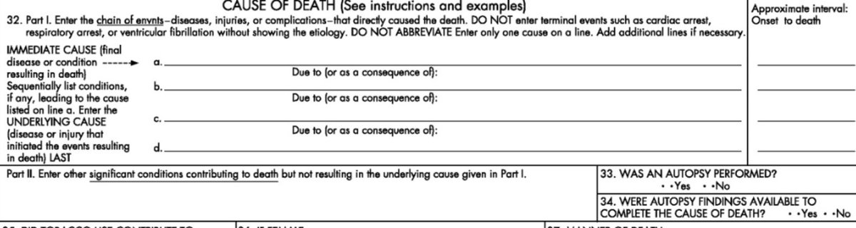 The CDC provided a detailed breakdown of both comorbidities and contributing factors to death. These are things that a doctor or a medical examiner list on the birth certificate as causes of death.Here’s what the cause of death portion of a death certificate looks like: