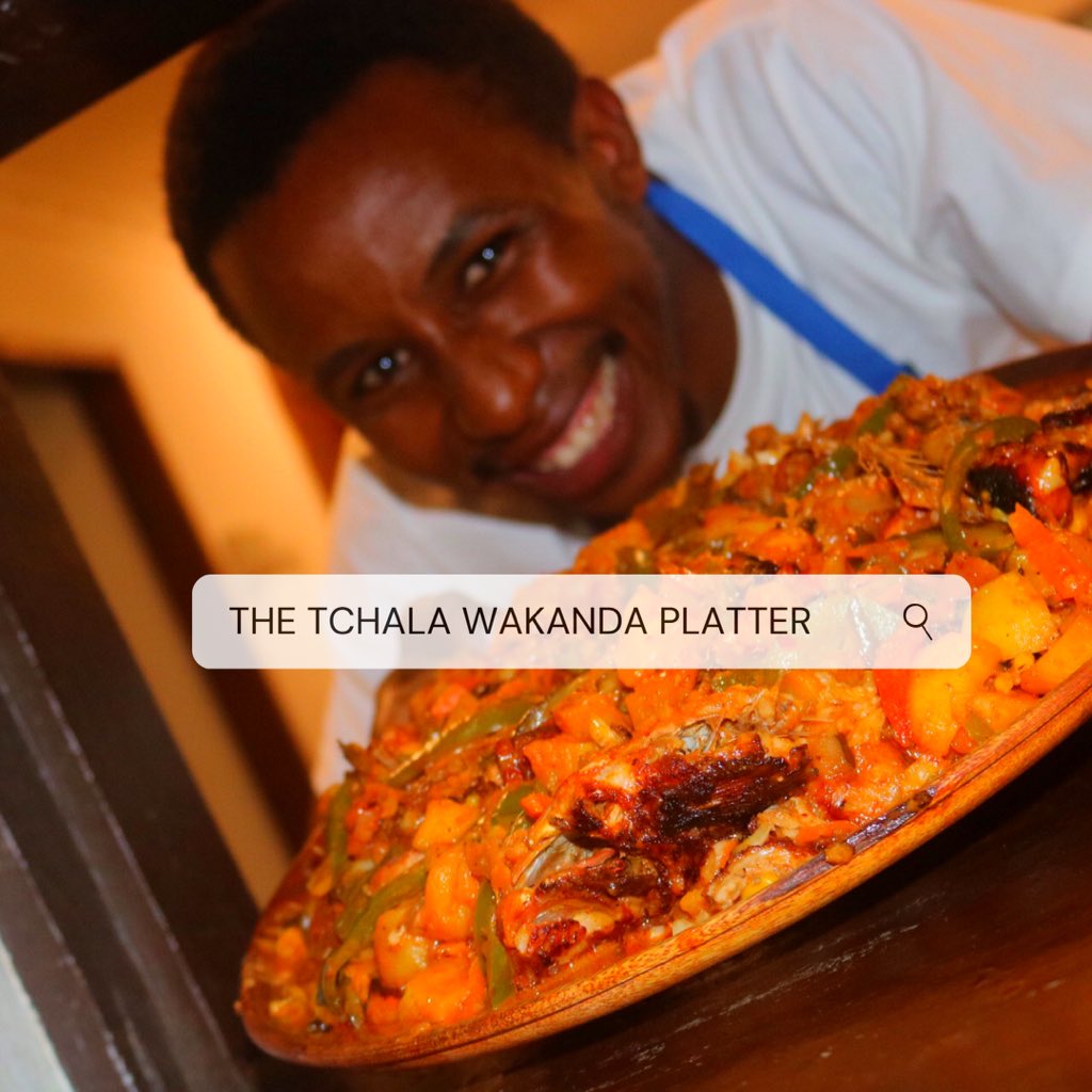 kitilas_kitchen's tweet photo. In the memory of @chadwickboseman , #kitilaskitchen introduces โTHE TCHALA WAKANDA PLATTERโ the dish will serve 3-4 persons and its a mix of ( drum sticks, wings, fish, prawns, octopus, potato wedges and mixed Vegetables) 19th September #50000tsh https://t.co/0cTi8nNTT1