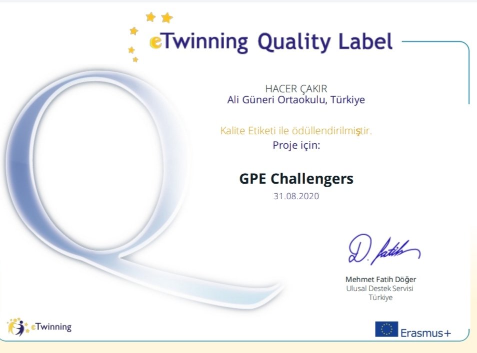 Yıl boyunca yaratıcı yenilikçi uygulamalarla zenginleştirdiğimiz iki gözümüzün çiçeği GPE Challengers projemizin kalite etiketini almanın mutluluğu paha biçilemez💃❤️🥰🎊💪🏻
<a href="/tretwinning/">eTwinning Türkiye</a> <a href="/aligunerioo/">aligüneriortaokulu</a> @projelerekibi <a href="/EmineYDicle/">Emine Yıldız Dicle</a> <a href="/FeruzeErol/">feruze erol</a> <a href="/kosemsemacimen/">sema çimen</a> <a href="/mustafadogan41/">Öğr. Mustafa DOĞAN</a>