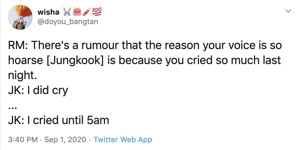 CORRECTION: It's JM not JK who cried until 5amI'm so sorry! I've deleted the tweet in question. I was definitely overwhelmed between the voices and therefore tried to write generally of the members at some points, but I was either too scrambled here to realise or made a typo.