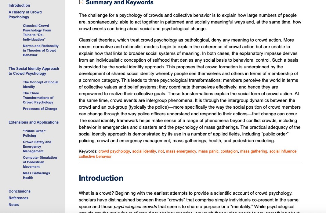 Just published: 'Crowds &amp; Collective Behaviour' our encyclopedia on the latest thinking on crowd psych. Available from your university library (&amp; Researchgate in due course)

oxfordre.com/psychology/vie…