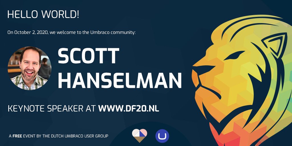 SURPRISE KEYNOTE ALERT! 🚨On the 2nd of October we welcome to the #Umbraco community as a keynote speaker: <a href="/shanselman/">Scott Hanselman 🌮</a> 😲😎 Register to watch online for free 🤑 at df20.nl 🦁 Also still possibe to send in your talk for #DF20: Virtual Umbraco Experience!