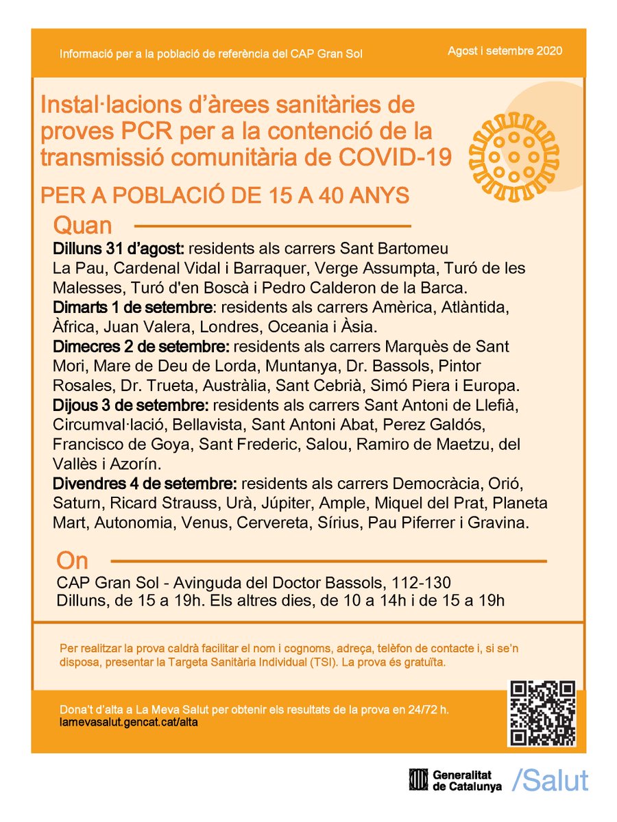 apicsmetronord's tweet photo. 📢 Segon dia del cribratge comunitari 🧪🔬 a #Badalona per detectar asimptomàtics:
📅 1/9 de 10 a 14h i de 15 a 19h
👥 Veïns de 15 a 40 anys dels carrers assignats avui (veure imatges)
📍 #CAPLlefià i #CAPGranSol
Més info: https://t.co/MpzrY3rhnw https://t.co/Es3a9X0jOY