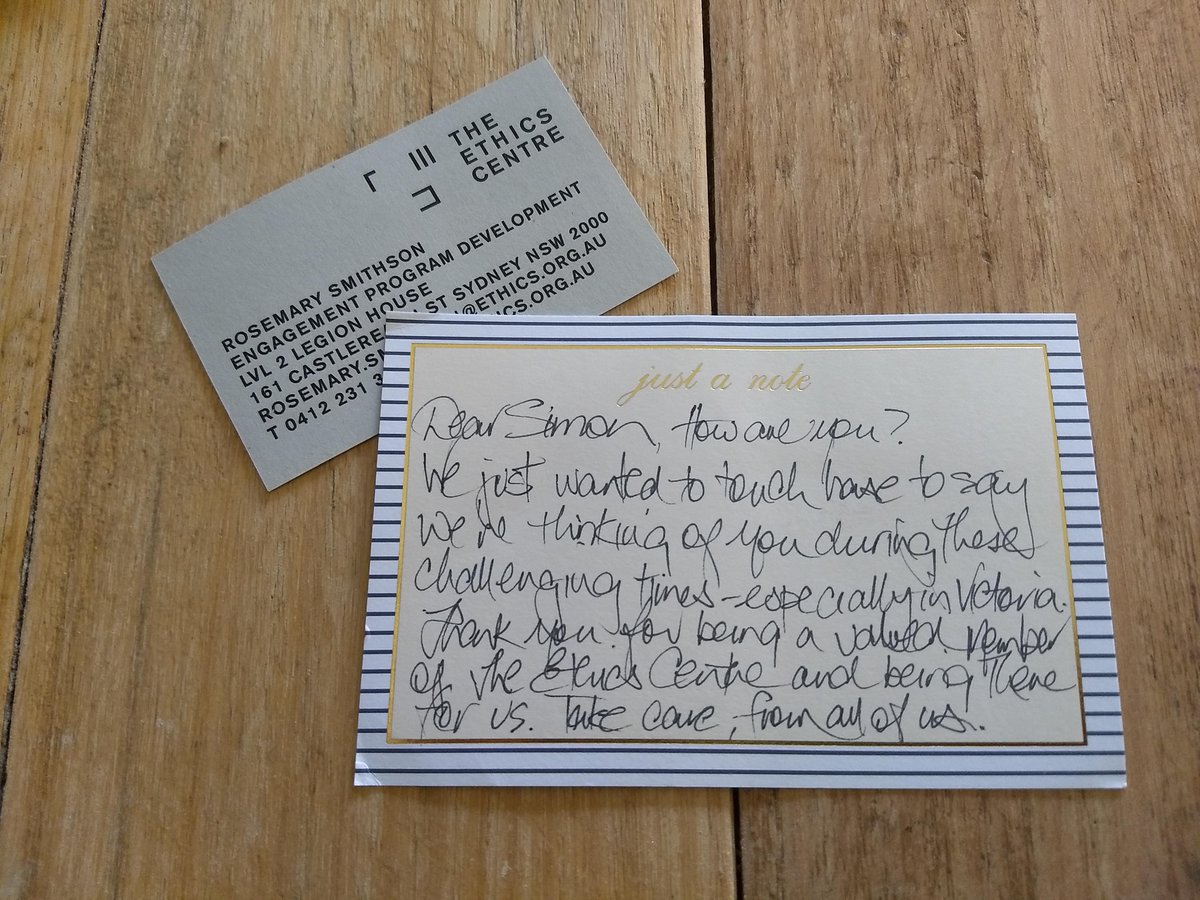 simond4vies's tweet photo. It was very nice to receive this hand-written note from the @ethics_centre in the mail this afternoon. "Just" a note to check in and ask how I am. Well, I'm doing much better now I've got this note. Thank you Rosemary and all of the team. https://t.co/jiwdZyWiDr