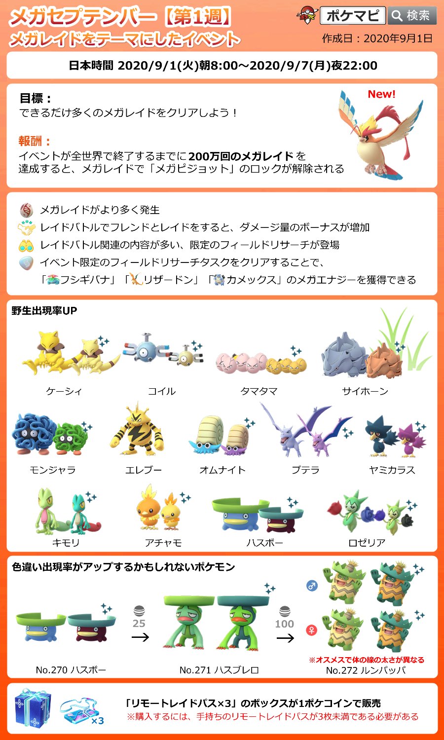 Twitter 上的 ポケモンgo攻略情報 ポケマピ メガセプテンバー 開催情報 第1週 メガレイドをテーマにしたイベント 期間 日本時間 9 1 火 8時 9 7 月 22時まで 報酬 0万回のメガレイドを達成 メガレイドで メガピジョット のロックが解除