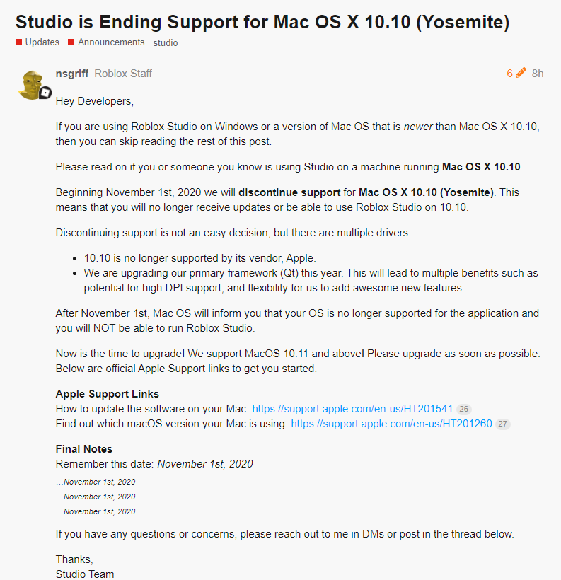 Rtc On Twitter News Roblox Studio Support Is Ending For Mac Os X 10 10 Yosemite They Say For Three Reasons Its No Longer Supported By Apple And Their Primary Framework Is Going - https www roblox com support