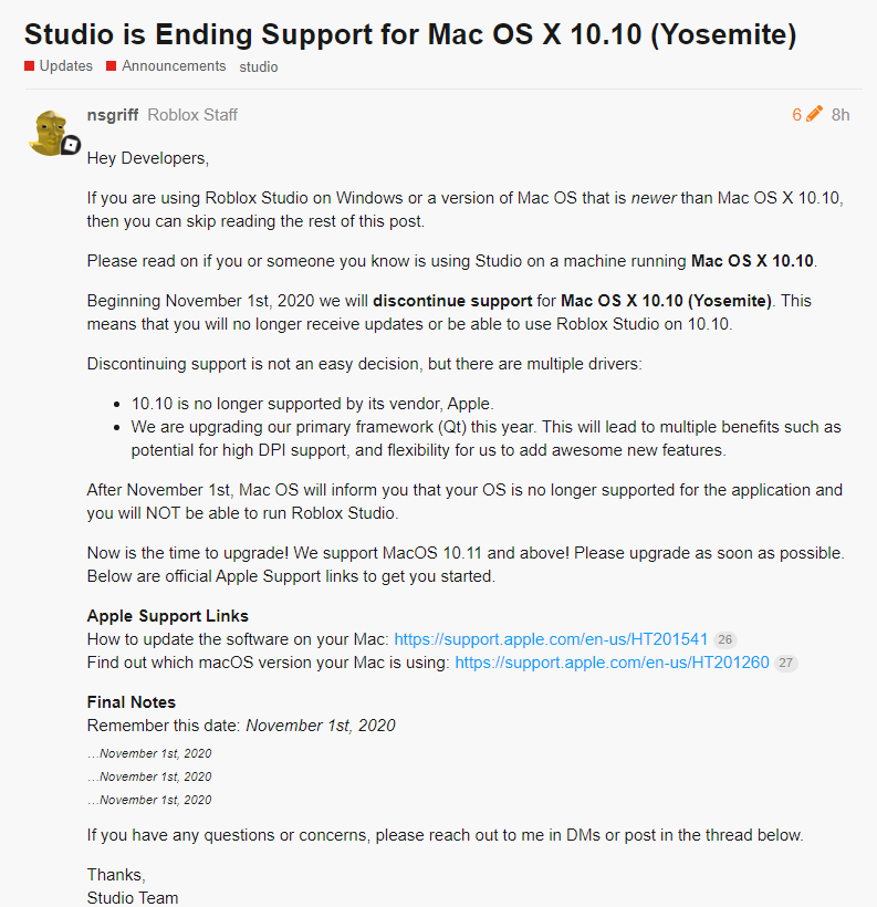 Rtc On Twitter News Roblox Studio Support Is Ending For Mac Os X 10 10 Yosemite They Say For Three Reasons Its No Longer Supported By Apple And Their Primary Framework Is Going - roblox support twitter