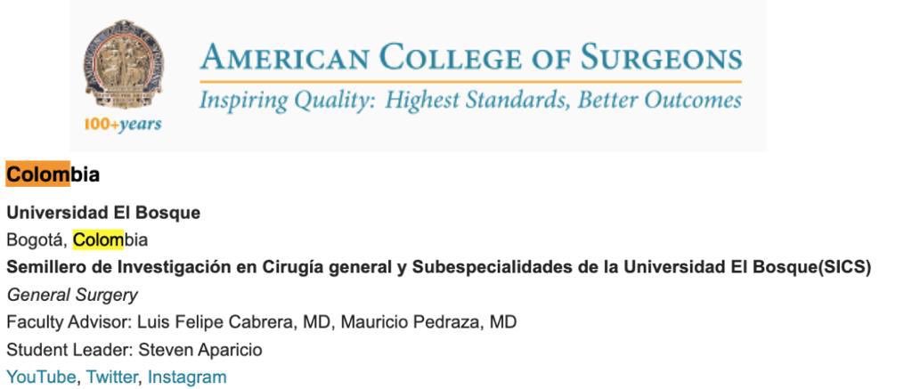 CiruAndes2's tweet photo. We are very proud that our surgical research hotbed (SICS) is on the @AmCollSurgeons directories! Thanks to all its members, the new general surgery interest group (GICG), SICS ADVANCED and especially to our leaders @CiroPedraza @PipeCabreraV and @brandonapa1996 #SoMe4Surgery https://t.co/3IGMz6Bphq