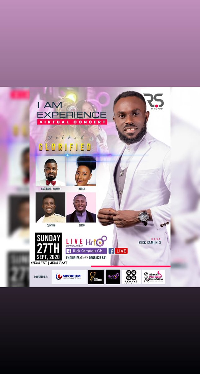 ricksamuelsgh's tweet image. Africa, Get Ready for a Power Packed Worship Concert.
Its I AM EXPERIENCE virtual Concert.
Dubbed: Glorified
Date: September 27th
Time: 4pm prompt.
Live on Kri8 TV and on Rick Samuels Gh.
Follow my page for updates.
Glory Has Come😊
#RisingGeneral
#iamexperience
Its purple💜💜💜