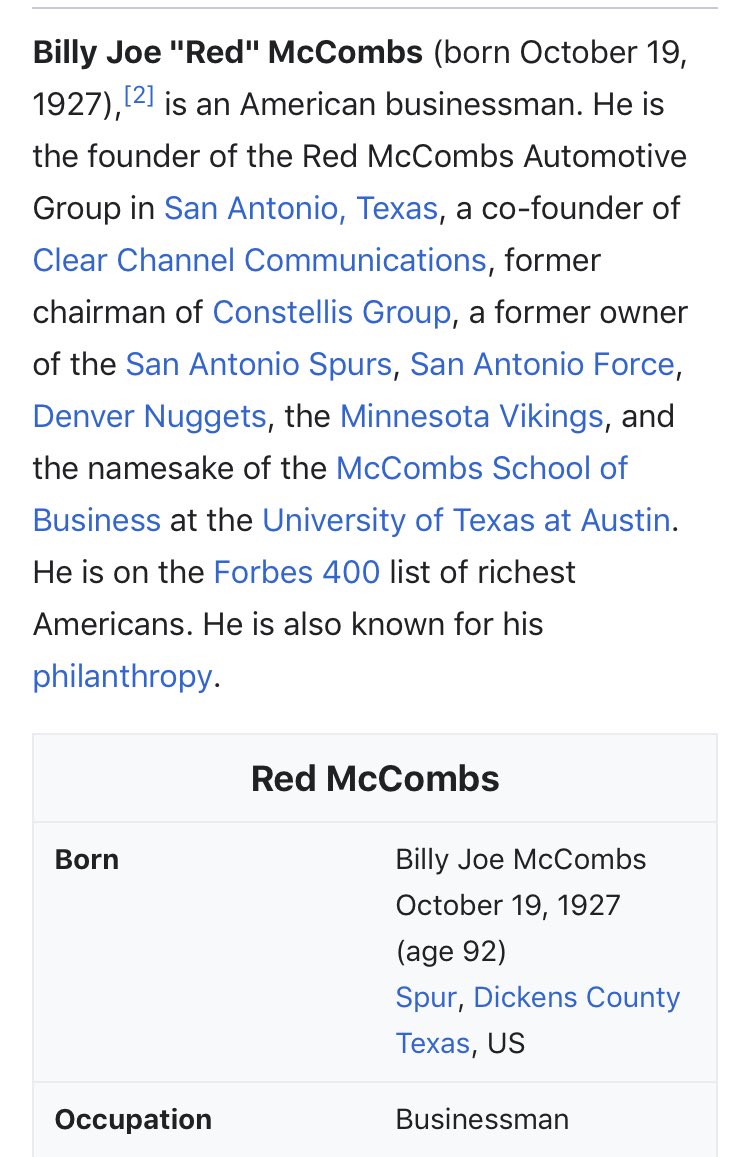 138/ RED MCCOMBSCLEAR CHANNEL FOUNDER; multiple sports teamsR donor (NO NAME, biggest recipient)Apparently a big Trump donorBusted for tax shelters