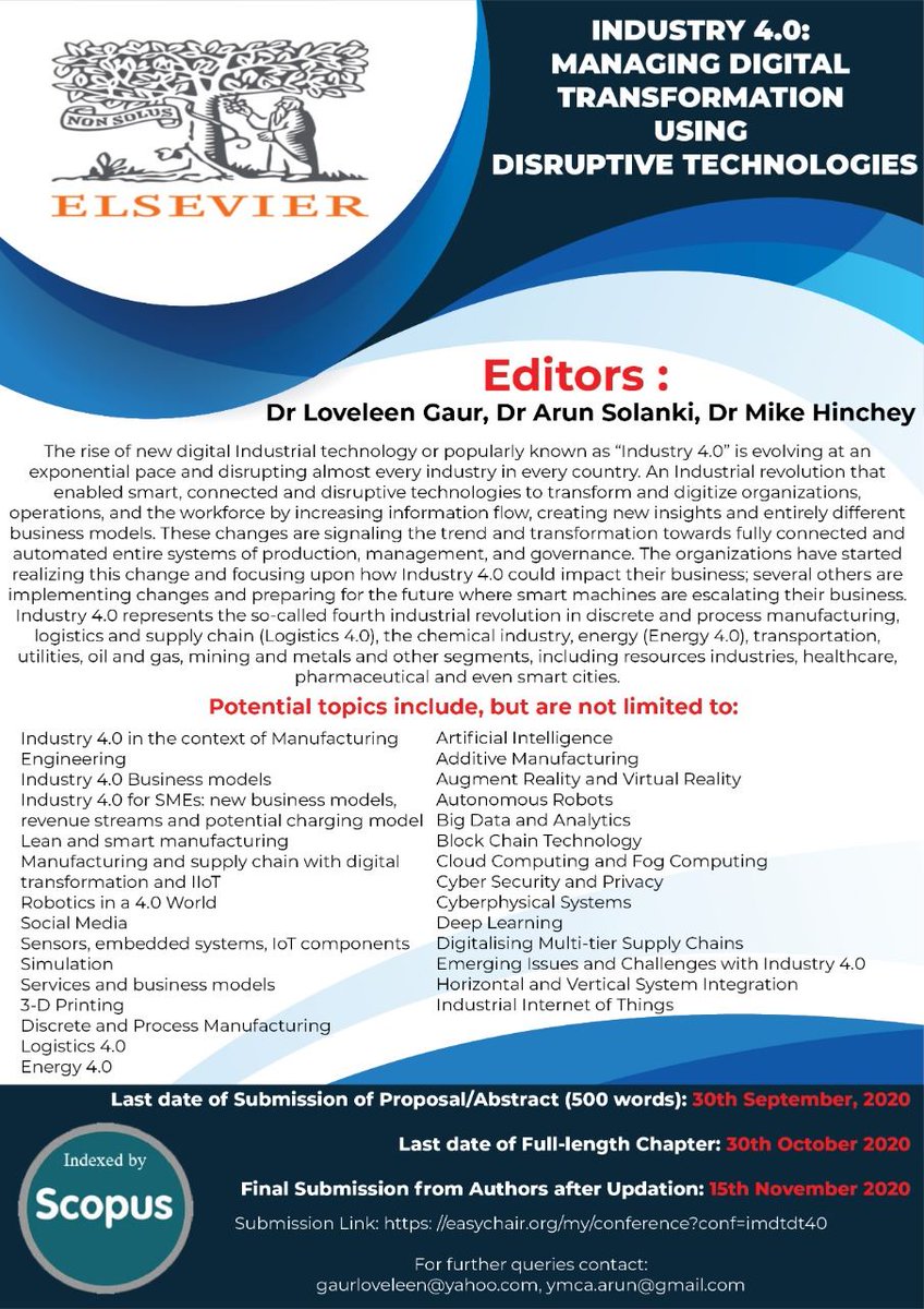 DrLoveleenGaur's tweet photo. Call for Chapters #elsevier #industry4 #logistics4 #SCM4 #AI #blockchain #AR #VR #cloudcomputing #researchers #datascience #Robotics https://t.co/FxEubY2DdO