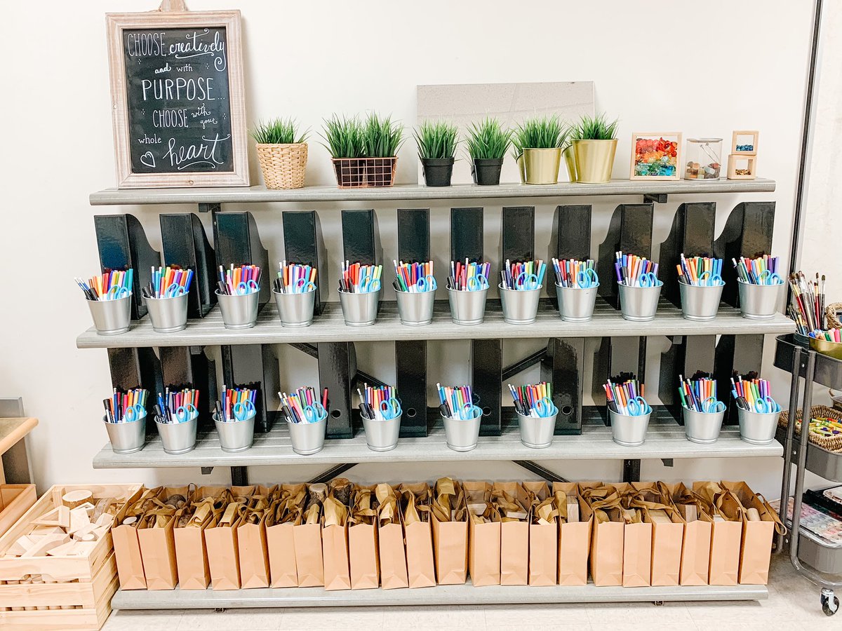 ourstoryroom113's tweet photo. Individual learning spaces, supplies and extra special loose parts bags await each of our Room 113 friends!!🥰  We can’t wait to see what you create!✨Sanitizing stations 🧼🧴along with our sink area will help us keep each other safe...together we can take care of one another!♥️ https://t.co/voqmJvj4sD