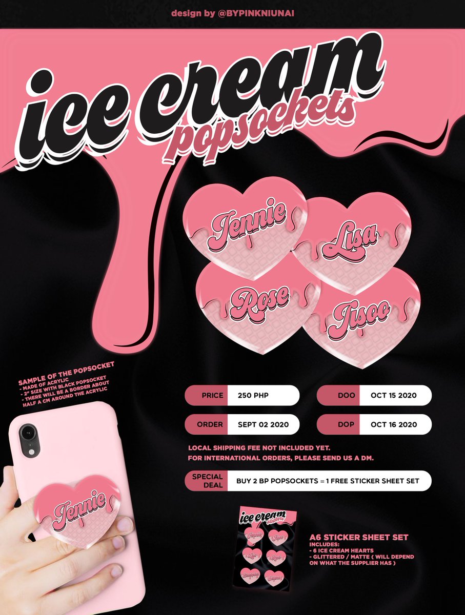 [HELP RT!]hi, blinks! can't get enough of ice cream? so can we! ♡ BLACKPINK ICE CREAM POPSOCKETS ♡get these cute ice cream heart popsockets for only 250 PHP / each! BASED.DOO : 10/15DOP (1st payment) : 10/16