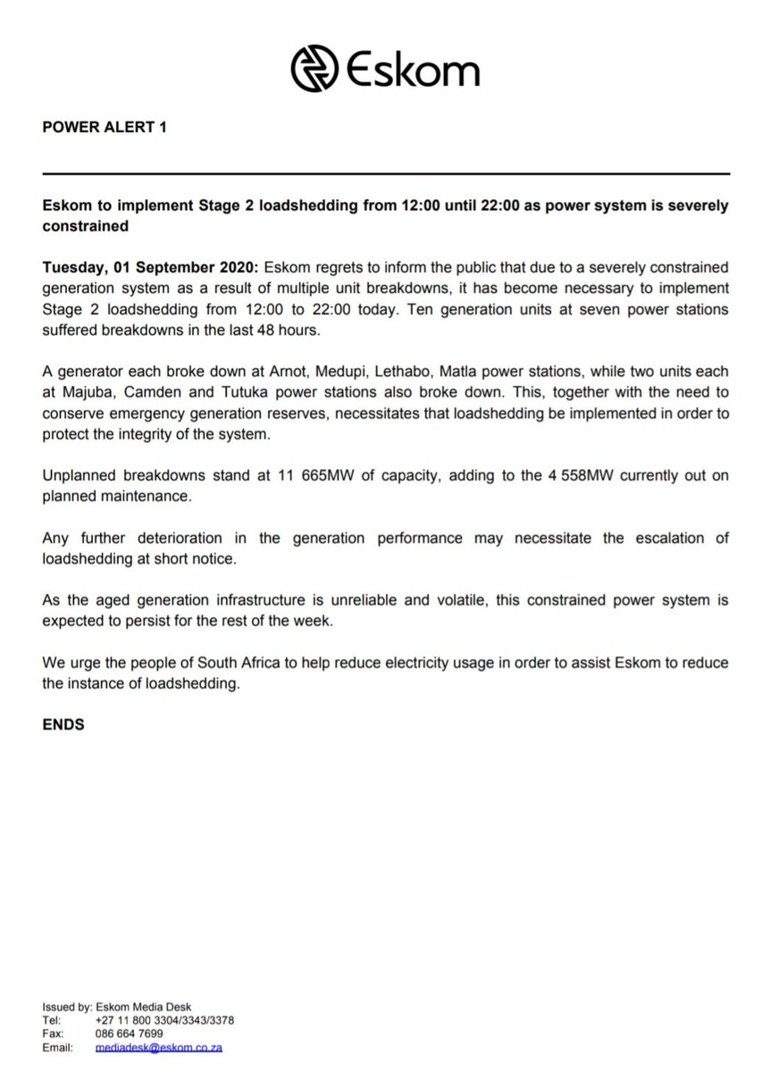 Eskom_SA's tweet image. #PowerAlert 1

Eskom to implement Stage 2 loadshedding from 12:00 until 22:00 as power system is severely
constrained

@News24 @SABCNews @NewzroomAfrika @eNCA