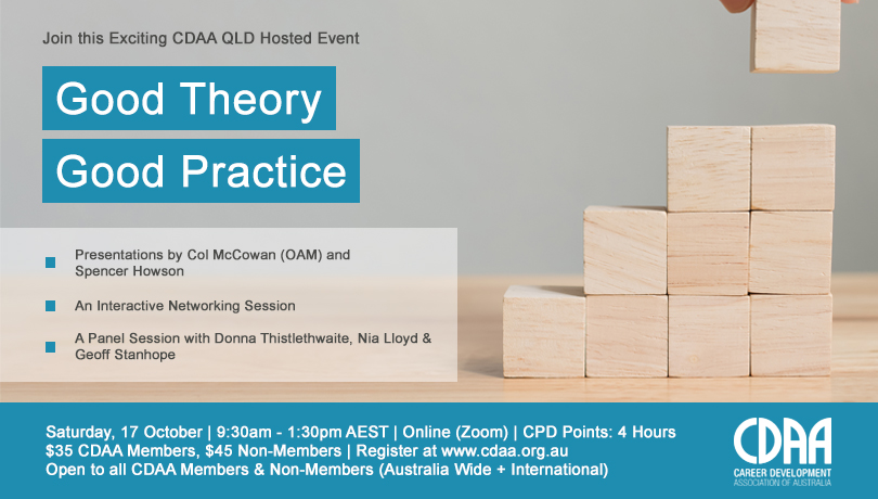 Exciting @CDAA_inc Good Theory, Good Practice online event Oct 17th! Guest speakers Col McCowan OAM (#careertheory & practice) & @SpencerHowson (#mediacareers) @usqedu + expert panel @Career_Vitality, Nia Lloyd & Geoff Stanhope. Join us :)
Register here > cdaa.org.au/events/event/q…