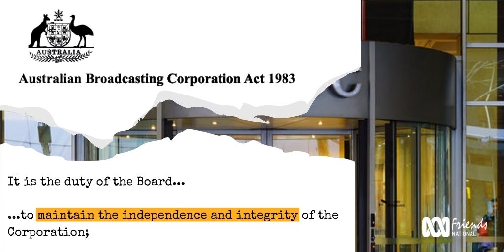 FriendsoftheABC's tweet photo. Under the 1983 ABC Act, the ABC is a statutorily independent body, independent of Government.
Read Ranald MacDonald's retort to the official government response about ABC funding and independence>> https://t.co/hCKh4VH0sS
#EssentialABC #FundOurABC #ValueOurABC https://t.co/1w4qWpDBRT