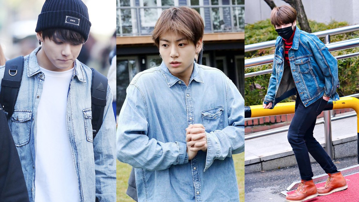 Aside from practical blacks and whites, Jungkook is into denim and plaids too, both a textile/pattern that symbolizes hard work.